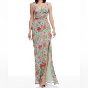 Dress the Population Green Floral Maxi Dress with Coral Accents